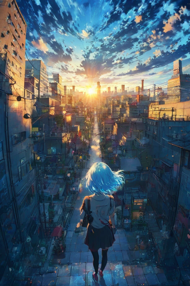 (masterpiece:1.2), best quality, highres, original, (extremely detailed:1.2), ultra-detailed, wallpaper, perfect lighting,(extremely detailed CG:1.2), 8k, anime illustration, 1boy, , femboy, long hair, light-blue hair, (cyberpunk fashion, short-sleeved T-shirt, knee-length skirt, lace hemline, delicate clothes:1.2),looking at viewer, frontal, futuristic city background, sci-fi city, (anatomically correct: 1.3)