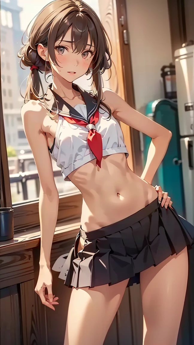 1girl, sekai saionji, Bangs, black_Hair,  Hair_between_eyes, Long_Hair, medium breast, crazy eyes , masterpiece, best quality, highly detailed, a anime girls in sailor uniforms with a gun posing for a picture, evil smile, smile, open mouth,black_serafuku,  anime style, anime girls ,  style, , shipgirls, digital anime art!!, high school girls, holding a gun, hold a gun, anime style 4 k, ,  belly,  navel,  midriff,  lower belly,school, classroom, navel piercing, mouth open and tongue out