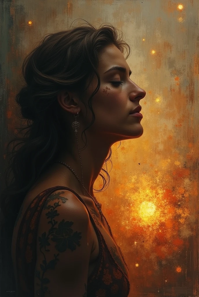 Una ragazza (Full-body)Tattooed European with red and orange hair, Go up an ancient staircase and knock on the doors of paradise, hyper detailed, epico, Colors of the sunset, clouds struck by divine light
