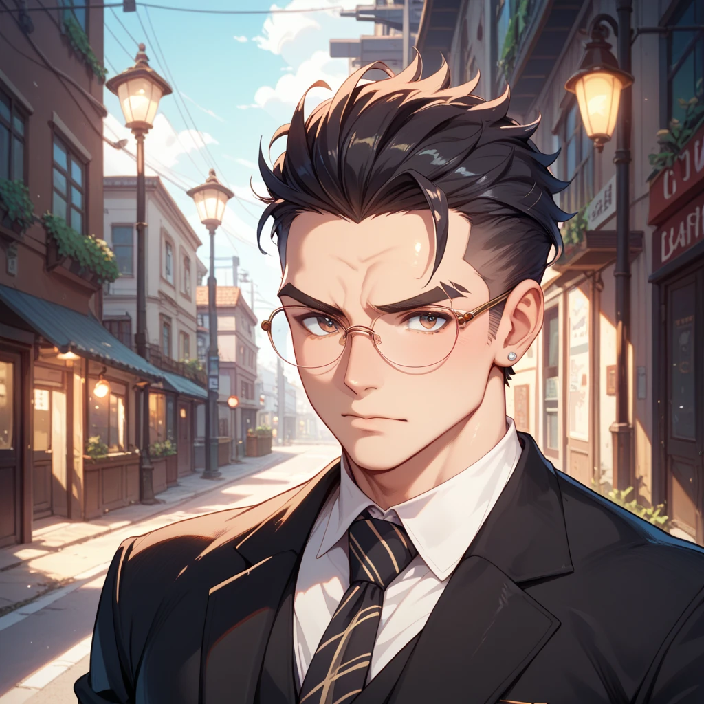 (k hd、Ultra-fine CG picture，Best picture quality、Fidelity)、(Best light and shadow effects，Very delicate and beautiful)、street、、Male youth wearing glasses、white business suit、wearing a tie、