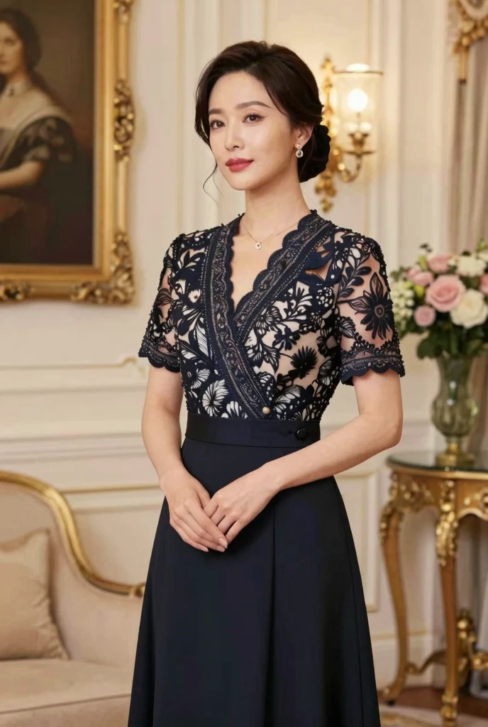Japanese women　30 years old　Mature Woman　Chinese long dress with hydrangea pattern　slit　Black Pantyhose　smile