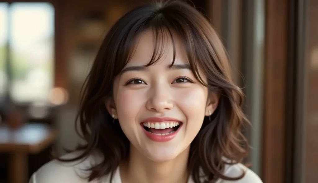 A very cute face like a 15-year-old idol　Smiling Kindly　In a blouse　(whole body)　Cleavage　Medium Bust　(whole bodyの姿)　Stylish wine bar　Cinema lighting　Natural light　Artistic　RAW Photos　Genuine　High quality that is indistinguishable from real life　Real Stick　High resolution