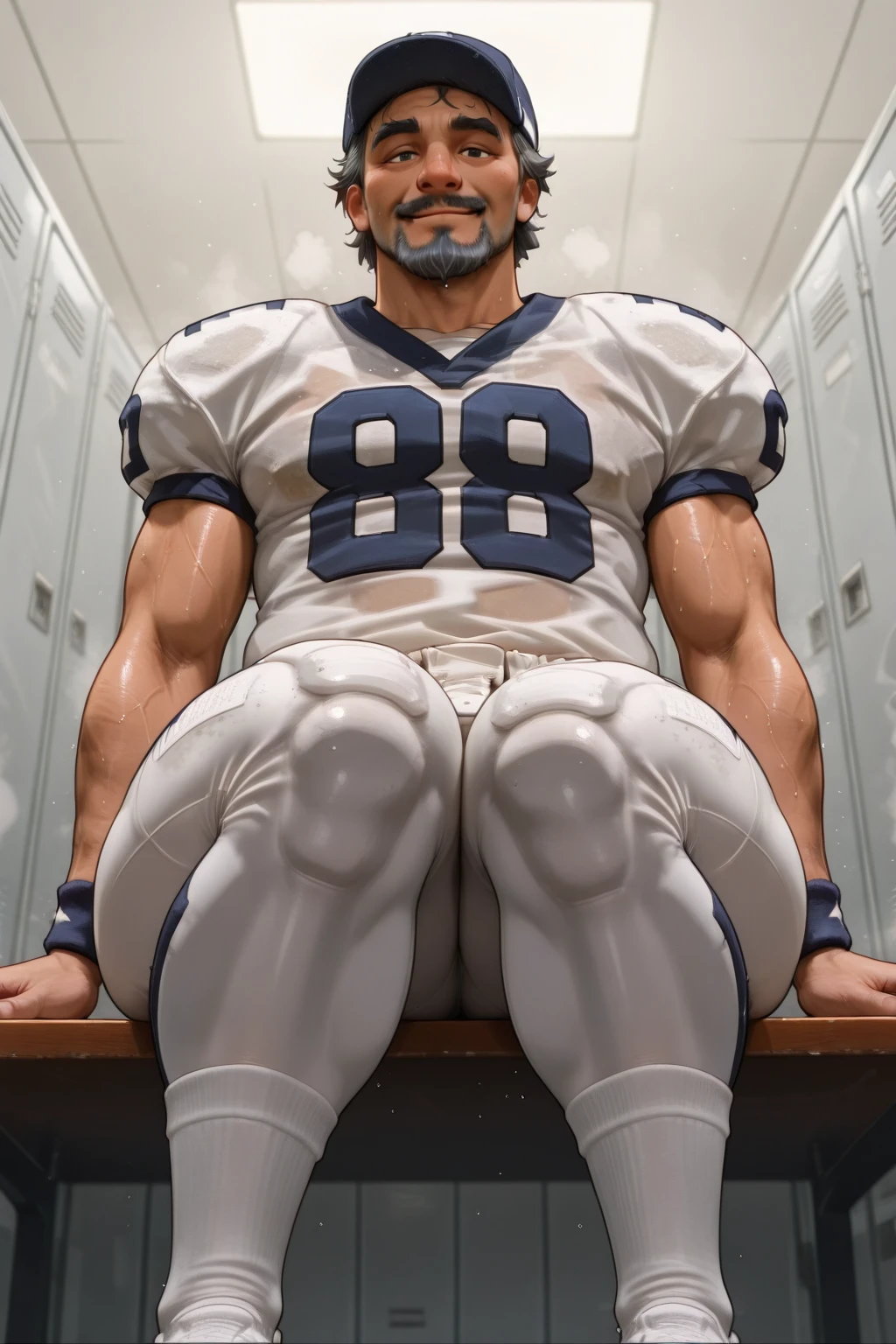 อ(: 1.5), (handsome Man sleep on table eating bread ),(crew cut short hair:1.8),black eye,(Wear a fitted round neck t-shirt in navy with a police badge.:1.5),(fit neck),Navy blue jeans,(black_gloves:1.2), Korean guy,chest muscles,large arm muscles,blood vessel,Big muscles,Broad shoulders, (open mouth:1.2),(face up:1.2),(close eyes:1.5), middle of the road,smile, In the bread shop, ( :1.8), ( very long: 1.6),  very Big, (Big ), ( of the : 1.6), ((very big, very long )), , hold your hand on your , () , ( in bread:1.5)