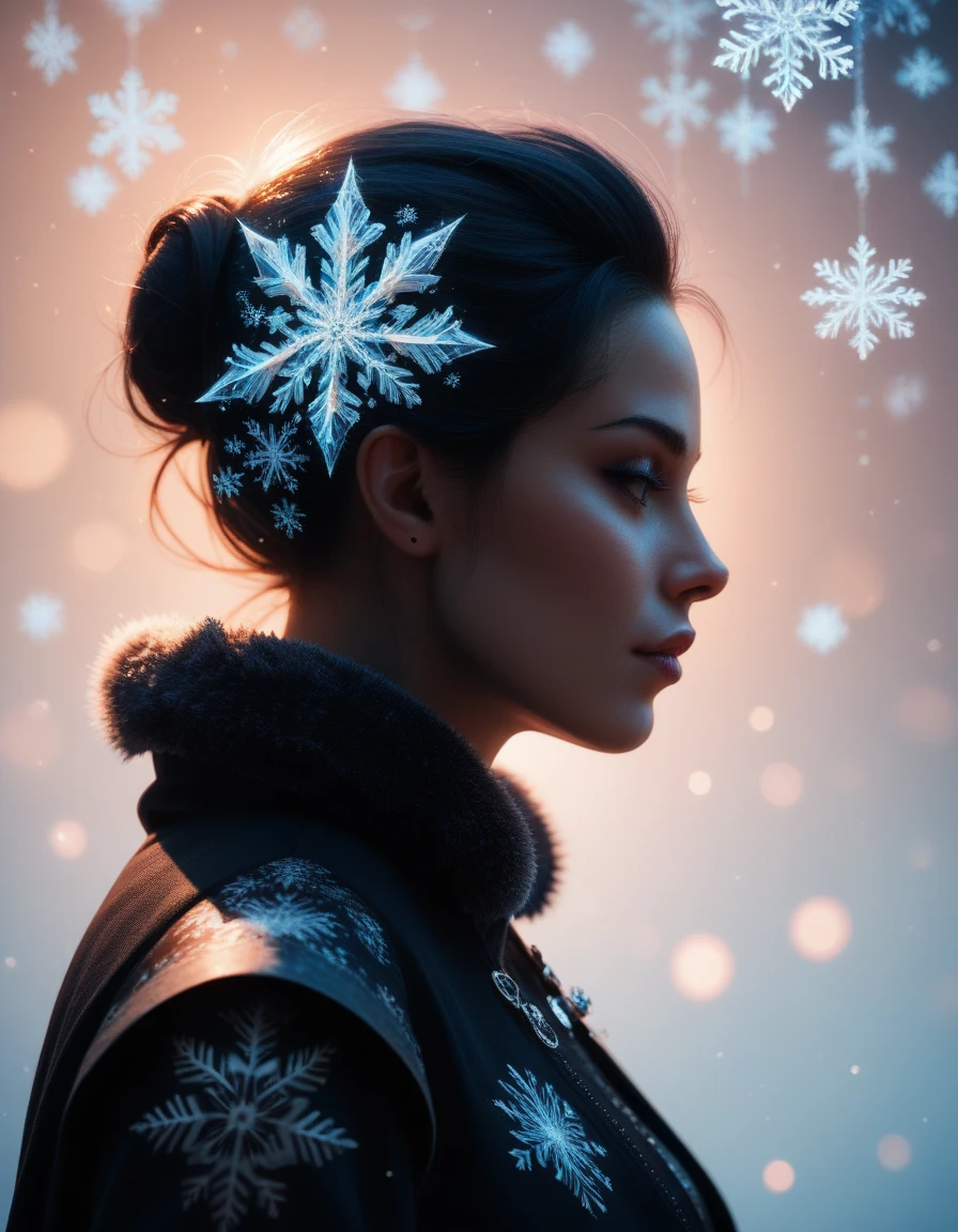 B_1, profile view, digital art, abstract snowflakes, intricate ice ...