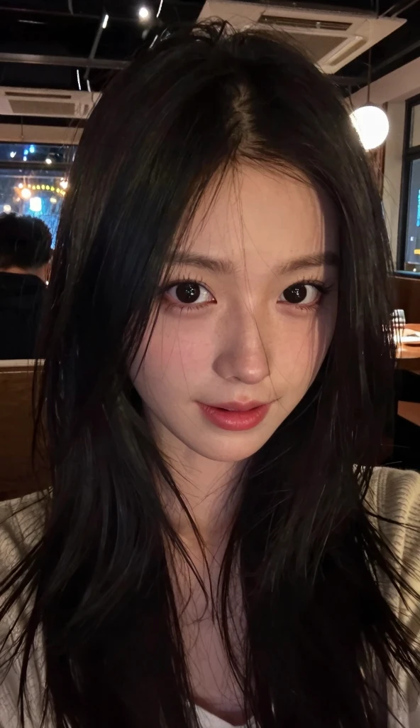 (top quality, 8K, masterpiece:1.3)), A beautiful girl，Pure，Oval face，Gentle and cute，sweet smile，Pure，weight loss，(street)，looking directly at camera，black stockings, inner strength, formal，Long black silk, layered long hair，Long hair draped over shoulders，What's the big deal, round, black eyes，Clear big eyes，Moisturizing red lips，Sweet，Sitting by the pool，blue sky白云，blue sky，Standing