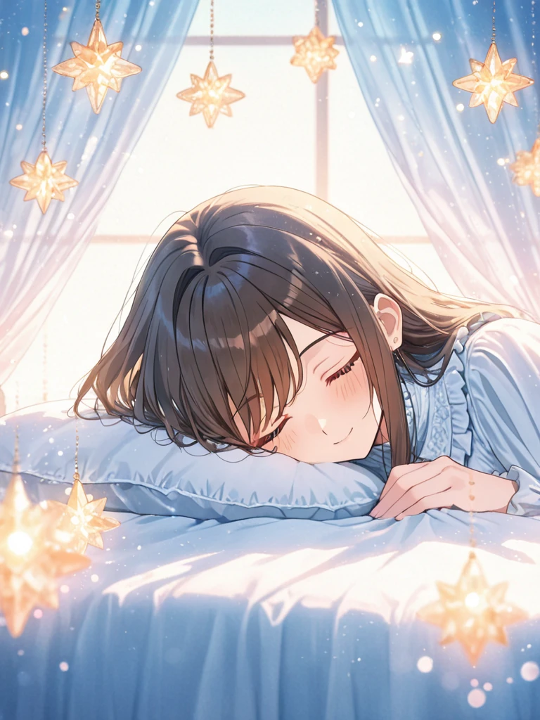Beautiful Woman,((24yo)),moonlit glow,at night,Sleeping,((Sleeping)),bed,By the window,Closing your eyes,Closed eyes,Sleeping,
