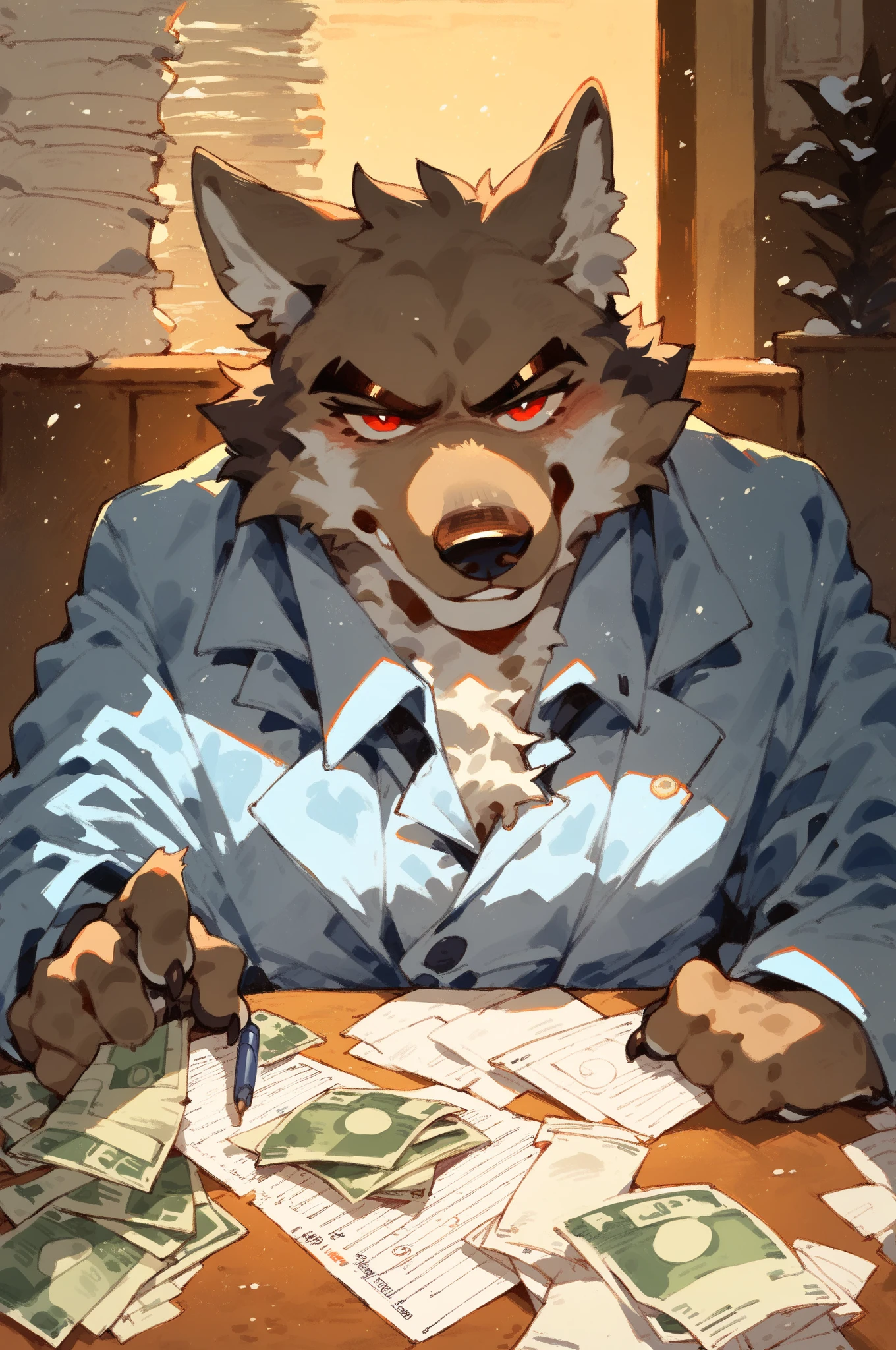wear glasses,Red hair all over, She-wolf,short hair, Bright Eyes,The eyes are gray,The tip of the tail is white,Meatballs Pink,hairy,hairy male ,Flower charcoal,(Body hair, hairy尾巴, Red fur,),Long canine teeth,浑身hairy的,Scattered paper,Scattered paper floated in the air,charming,,writing,Everlasting,writer'clothing,Starlight,Bright Eyes,Hold the pen,Show paws,Facial expression expectations,