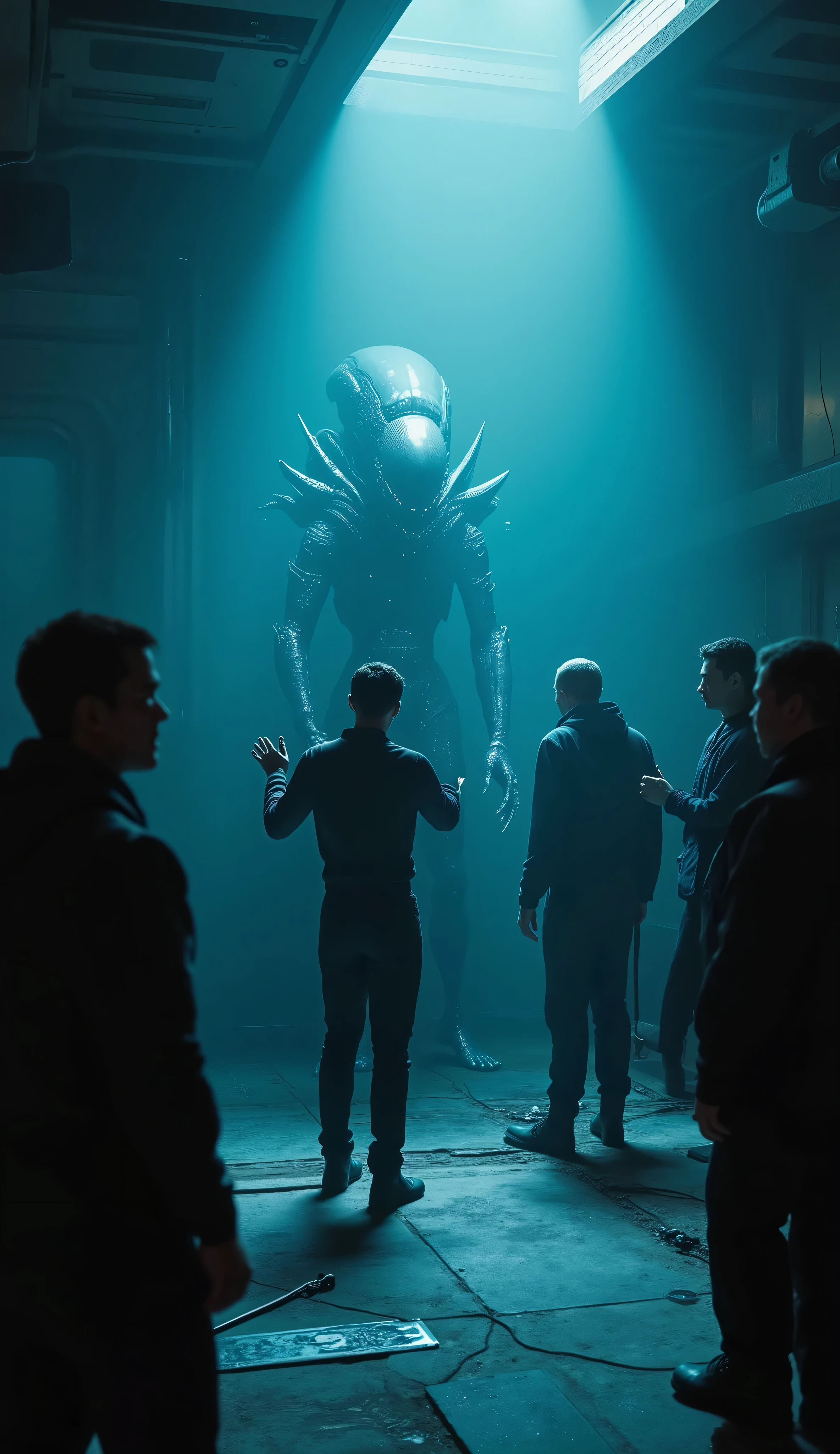 ultra realistic, detailed professional photography, HDR, cinematic filter, science fiction film. An alien with gray skin, scales, defined muscles, tall, dangerous, with large, dark eyes, severe gaze, sitting on an interrogation table, dark setting, steel walls, darkness, interrogation, area 51.