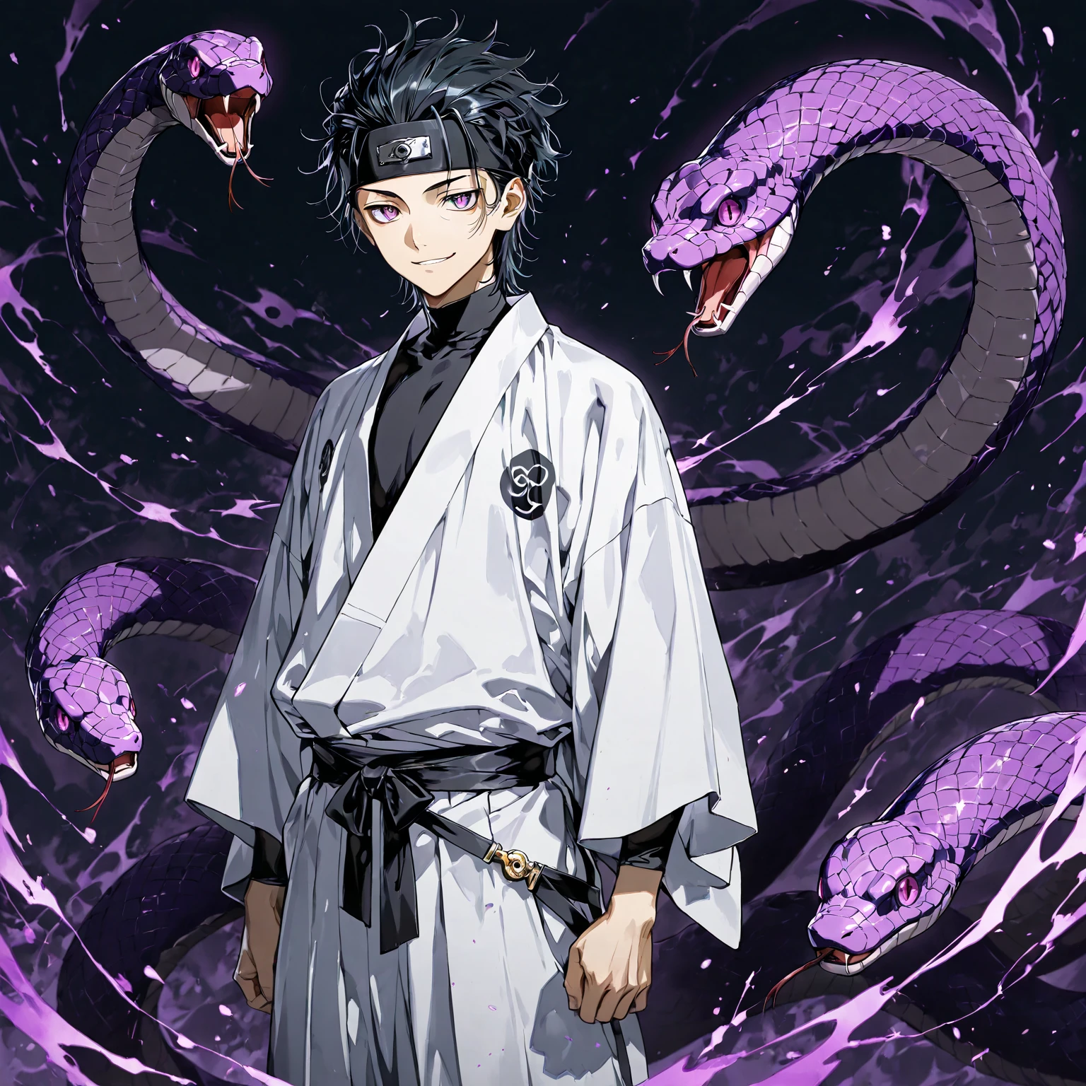 solo,handsome, monotone,Watercolor,
1. male,
bangs,Straight Hair,Bob Hair,
purple hair, Gojo Satoru,
yellow Eyes,doragon tattoo,
Black kimono,Japanese Pattern,
skin,Silver Accessories,doragon,
White background,