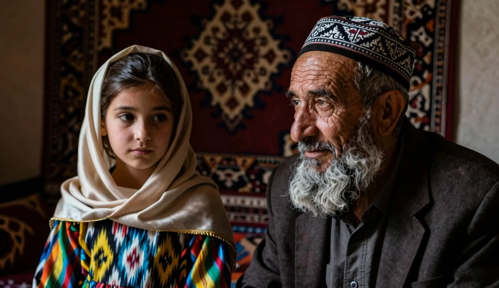 Pale skin kurdish woman in straight tight tied hijab  shoulder  arm  bracelet kissing her grandfather in village room hands fixed arms fixed consistent love embracing 