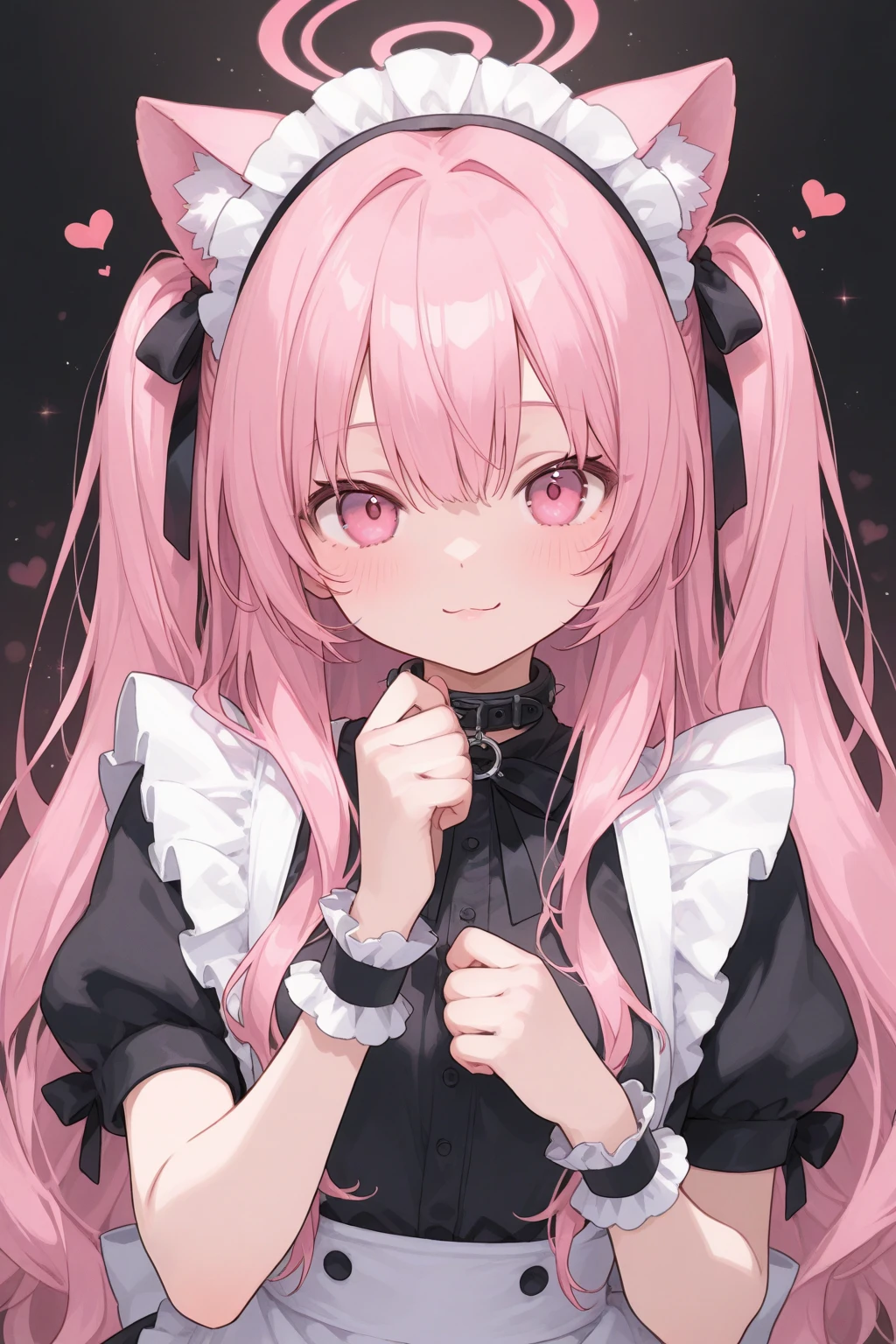 white girl, with pink fucsia hair and two wavy pigtails, black dress with long sleeves, two crosses in the hair, black bear faux fur collar, anime style 