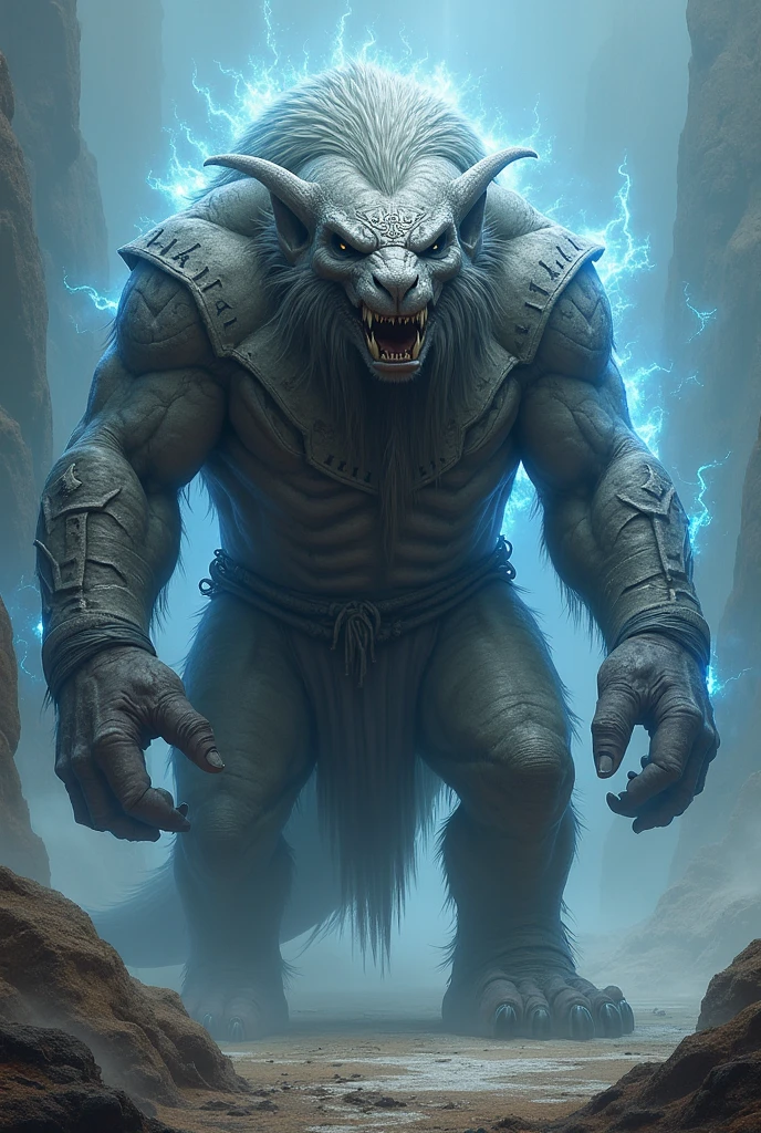 Orcs，Wolf，Off-white hair，A small amount of black pattern，The whites of the eyes are black，Iris Fluorescent Blue，The mouth,  and pads are all fluorescent blue，Tall and muscular