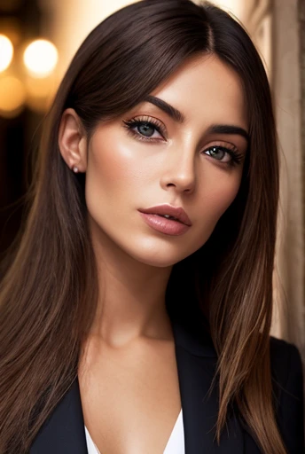   jolie jeune femme brune qui regarde devant soi avec de beaux yeux marrons d'origine italienne avec de longs cheveux bruns raides et lisses qui porte une jupe et un tailleur 