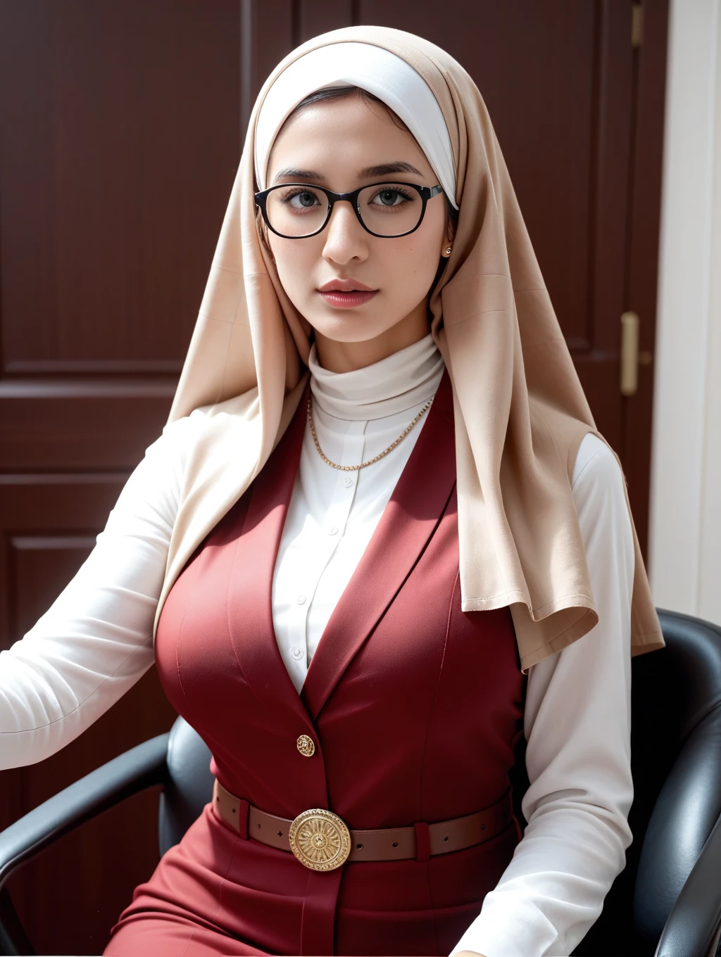 masterpiece, best quality, ultra-detailed, beautiful lighting, Slim and slender woman wearing round glasses,  high stockings, (white scoop neck sweater:1.3), wearing (blue satin hijab), kneeling on a table,  slightly open, cameltoes, in hotel room, beautiful design, slight blush, (naughty smile:1,1), (glossy separated lips:1.1), (beautiful eyes:1.1),  men in the background, mouth open,  poking, choker, pubic hair revealing 