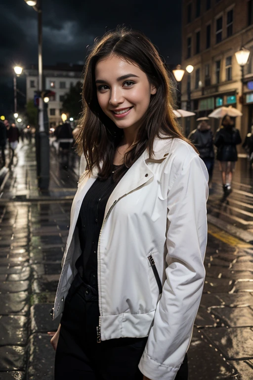 
1 girl, photorealistic, realistic, ugly:1.3, Ingush woman. (((she has a sleek bob medium length short hair)))), wide forehead, Durdzuks  feature, Durdzuks forehead, 30 year-old-woman, Let your face light up with a wide smile, crinkling your eyes at the corners and showing off your teeth. Radiate happiness and warmth, ((())), (((she is fully ))), (((she is looking at the camera smiling))), (((dynamic pose))), , (((A woman stands on a rooftop. In the stillness of a rainy day, she stands seductively, wearing an open color yellow raincoat. Her  is )))