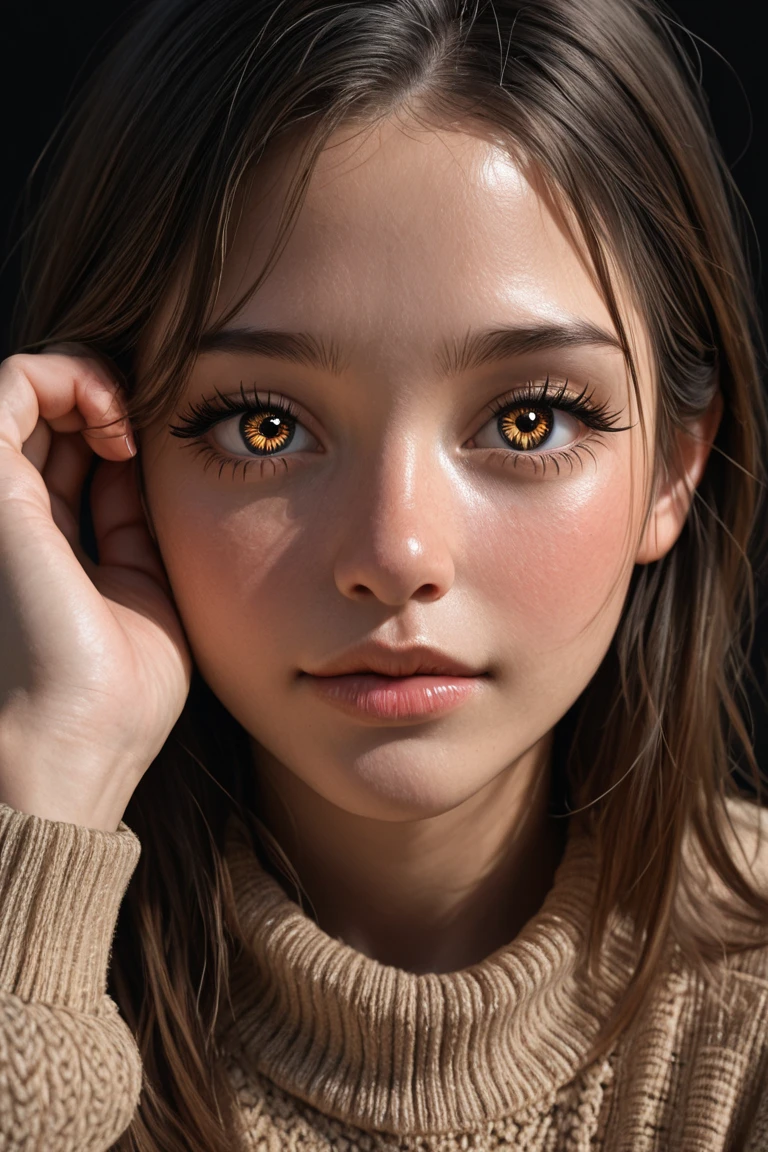 hyperrealistic close-up portrait of a young woman with focused, expressive eyes looking directly at the viewer, she closed her face, pulling a cozy knitted sweater with woven gold threads, stretched to eye level, leaving her eyes, a single strand of hair falls over her face, delicate skin, large eyelashes and moist reflections are visible around the eyes., detailed knitted fabric texture, warm soft lighting that accentuates the gaze, deep black background highlights the left part of the face, cinematic and intimate mood, ultra-high 8k resolution, fashionable but casual composition, masterpiece --ar 3:4 --v 7 --q 2