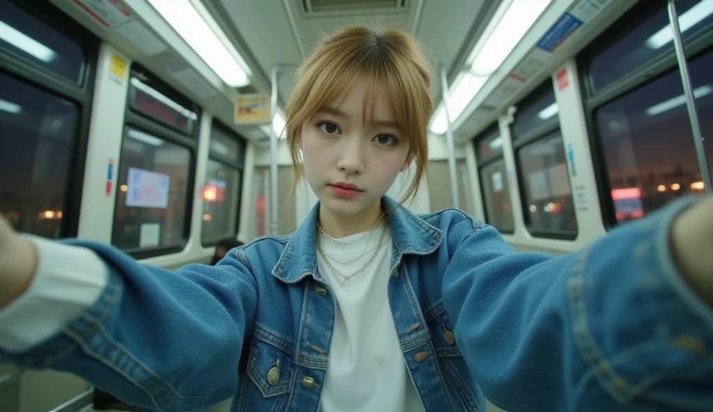 Best quality at best，tmasterpiece，（fidelity：1.2），1 girl，brown  hair，with brown eye，frontage，A detailed face，beautidful eyes，Cyberpunk-city，Futuristic，toyko，teens girl，eye glass，flight jaket，armband，Tactical knives，This girl looks harmless to humans and animals, but she actually has a stunt type，on a mission，cyber punk perssonage，Pinus massoniana