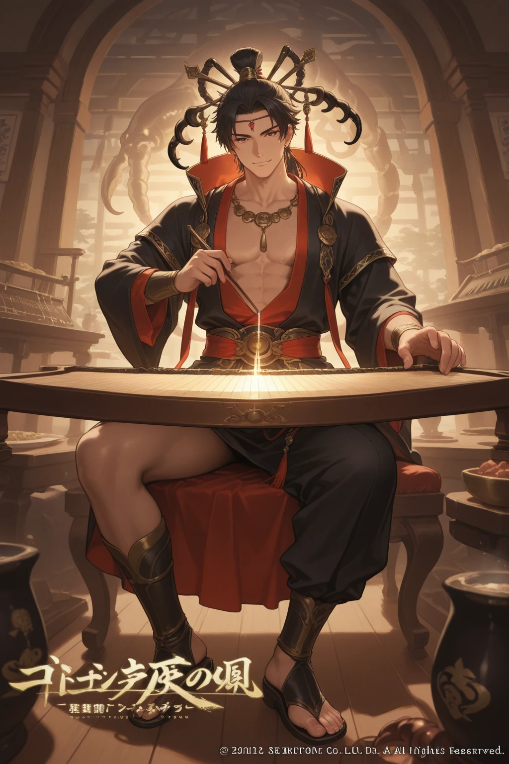 Realistic,Hot muscular Male  in the Han dynasty on his knees with legs spread apart, wearing ancient revealing Chinese dress with long hair and masculine features.Battle scars