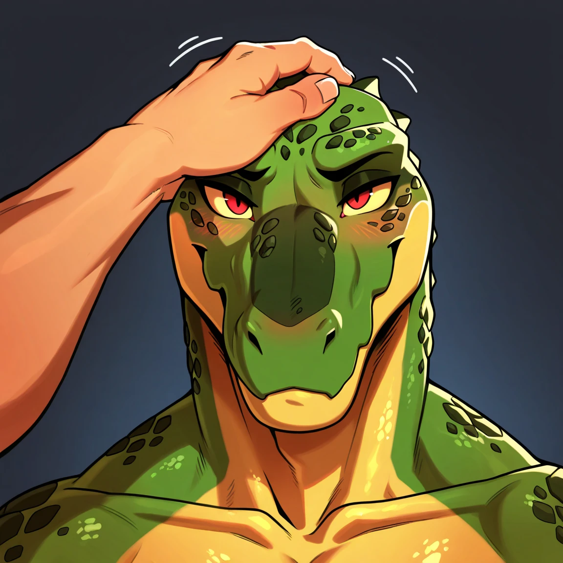 A green velociraptor in a thoughtful pose, with a claw on his chin and eyes looking up, as if he were contemplating a deep thought. The background is a green and black geometric pattern that adds a modern touch. Top text: "If a tomato is a fruit". Bottom text: "Does that make ketchup a smoothie?". The dinosaur texture and background design create an intriguing and humorous image., nft image