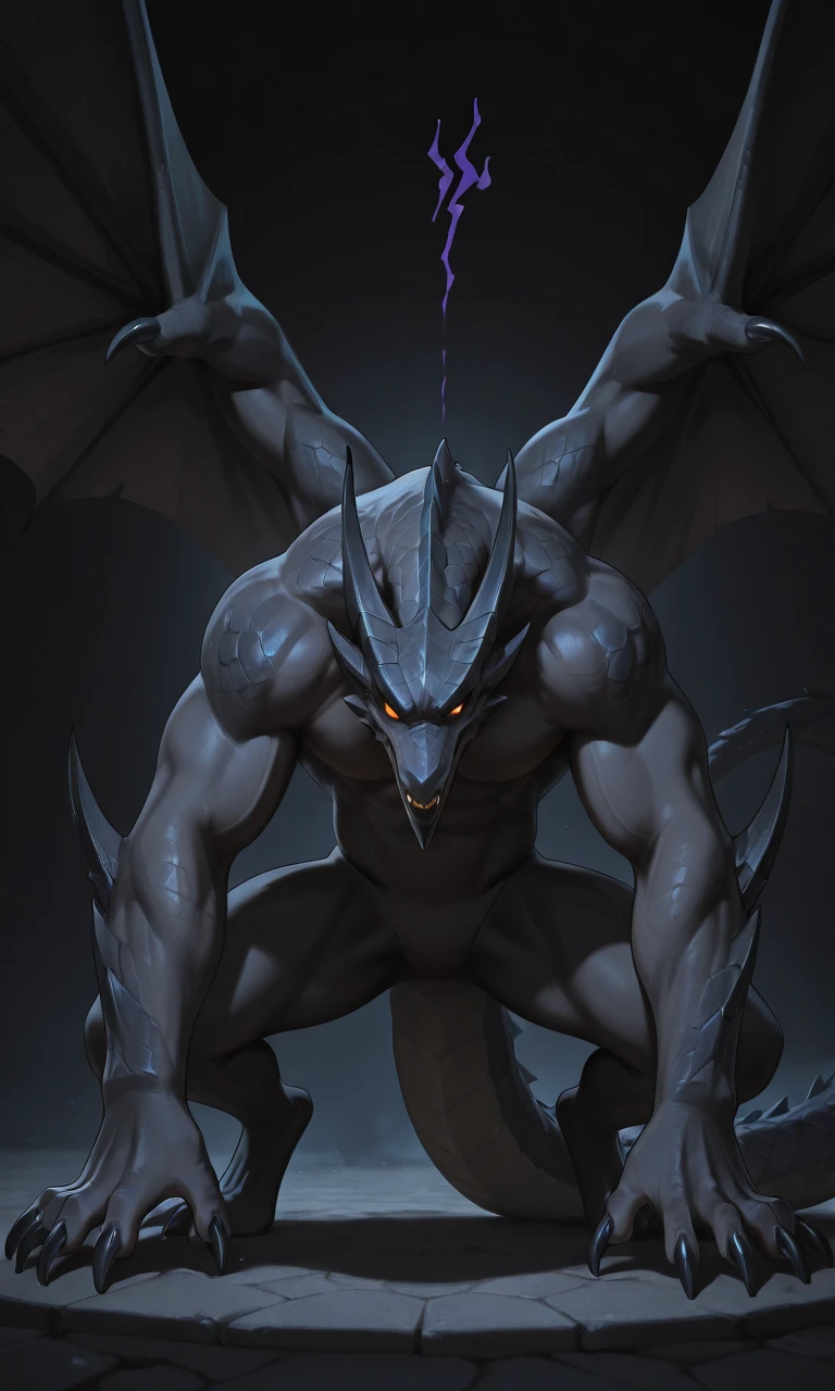 , Zekrom, muscular massive pecs, , toothy grin, dominant, low angle, 