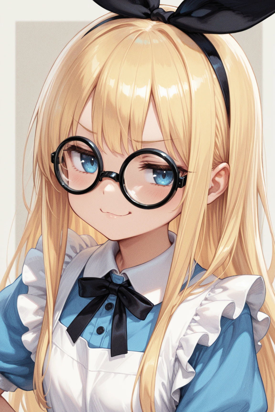 Highest quality,masterpiece,masterpiece portrait,Upper Body,　Blonde、Blue Eyes、Pink lips、、White shirt、Black Ribbon、Sexy atmosphere、cartoonist、(((Slightly )))、Wearing a beret、Posing and smiling with glasses、Anime Style、Beauty、Her background is monochrome black、(((Front view)))、Looking up,oil