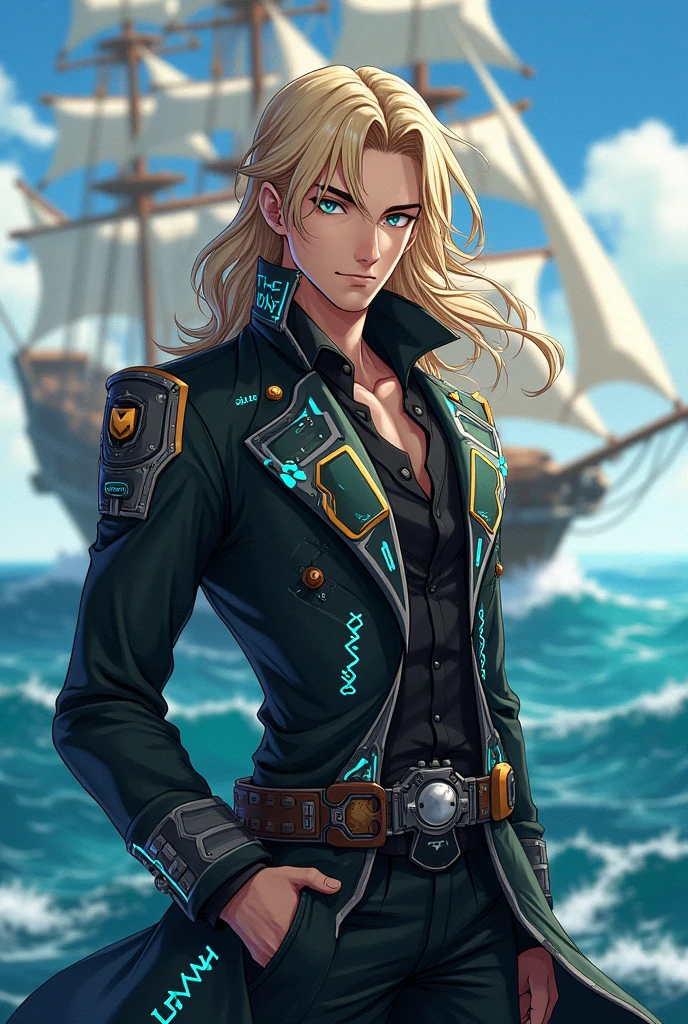 A muscular blonde haired male pirate with blue eyes and long hair and a dark beard in a pirate's outfit is leaning on the railing of a pirate ship