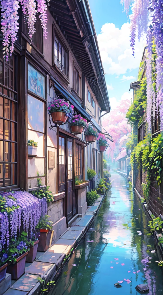 a painting of a city street at night, anime background art, flowers, ross tran. flowery tree, scenic background, anime scenery, anime movie background, hd anime cityscape, anime landscape, anime style cityscape, colorful anime movie background, anime landscape wallpaper, nightime village background, kinkade, beautiful cityscape background, by Evgeny Lushpin, city + graffiti background, anime nature wallpaper ,  4k hd,, beautiful art uhd 4 k, a beautiful artwork illustration, beautiful digital painting, highly detailed digital painting, beautiful digital artwork, detailed painting 4 k, very detailed digital painting, rich picturesque colors, gorgeous digital painting