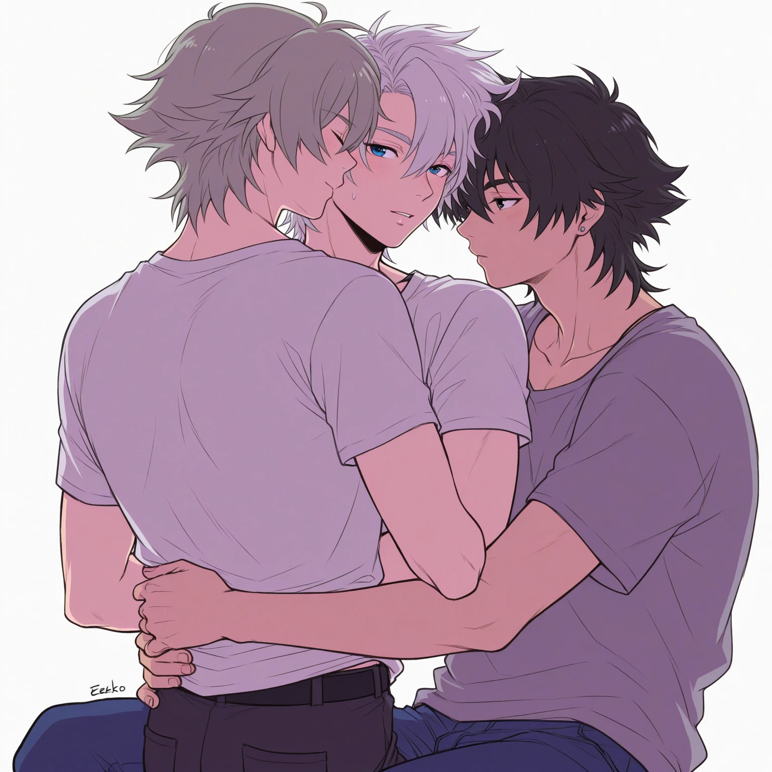 2man, xiao from genshin impact, sexy looking, sexy pose,  visible, flat chest, in his outfit, feet seen, cute feet, perfect feet, feet, ultra orgasmed face, very  face, laying back on bed, vibrant light, pastel light colors, master piece, ultra high quality, ultra high resolution, high detailed, best quality, 8K, light from side, cute , xiao has a ,  shots a lot of , xiao kisses with venti, yaoi kiss, venti's and xiao's mouth meets with each other, venti is , venti wearing white long stockings, yaoi