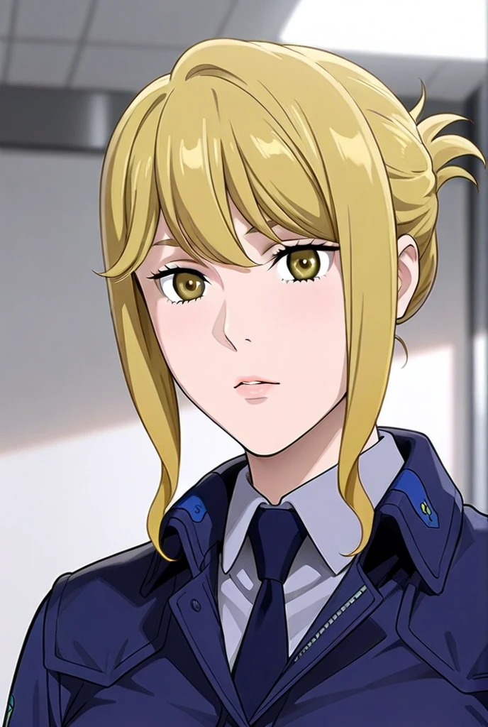 Anime girl with blonde hair and blue eyes wearing a white shirt and red ...