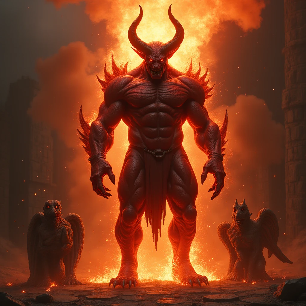A captivating illustration of a devilish creature with horns, a furry body, and hooves. He stands tall in the fiery depths of Hell, within the temple of Satan. The background showcases an inferno of flames, with lava flows and twisted, tormented souls. The devil wields a pitchfork menacingly, casting an ominous shadow over the scene. The overall atmosphere is dark and foreboding, evoking a sense of fear and awe., illustration, photo
