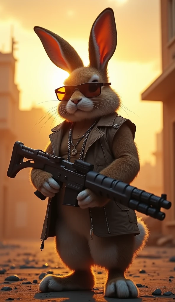 cartoon animal rabbit devil with hood,  black jacket  abs , with a gun in his hand
