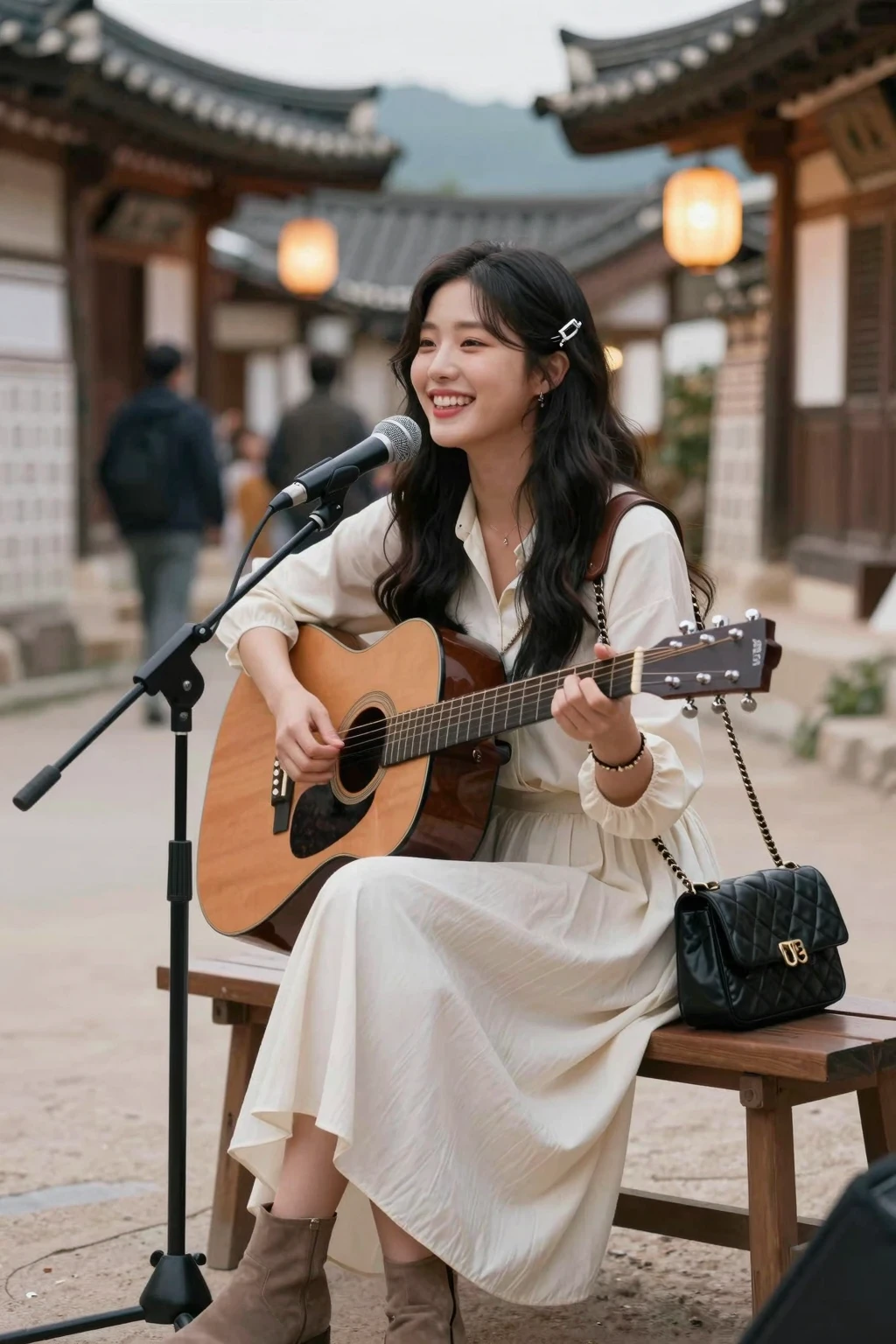Araffi woman sitting in front of a hut with a guitar, Jae Yeon Nam, Tzuyu from two times, Korean girl, Chinese girl, Jinyoung Shin, Roseanne Park of blackpink, Korean idol, girl playing guitar, gongbi, portrait of female Korean idol, beautiful south korean women, singer-songwriter, Korean artist, Xindong Chen, Wen Feiye