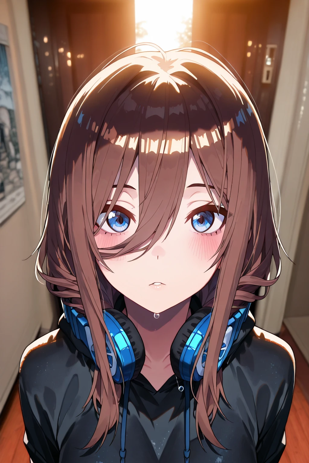 Miku Nakano, Miku Nakano, Long Hair, bangs, blue eyes, Brown Hair,,Blue Hairband ,Hair between the eyes, happy smile, smile, Open your mouth,Headphones around the neck,OL, Akagi glasses, Black suit jacket, Collared jacket, White dress shirt, Collared shirt, Neckline, button, Black pencil skirt, Black pantyhose,Stiletto heels,So that the whole body goes into the illustration,sunset,evening,The sun is setting, Looking up from below,
break outdoors, city,Building district,
break looking at viewer,  (Cowboy Shot:1. 5)
break (masterpiece:1.2), highest quality, High resolution, unity 8k wallpaper, (shape:0.8), (Beautiful details:1.6), Highly detailed face, Perfect lighting, Extremely detailed CG, (Perfect hands, Perfect ),