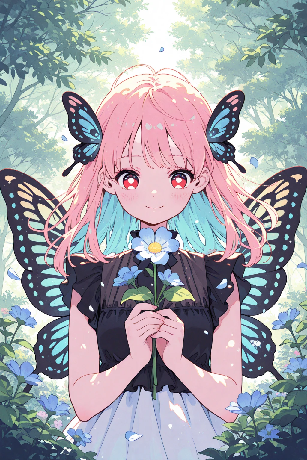 ,((masterpiece)),(((highest quality))),((Super detailed)),((((Anime-like)))),((messy hair)),((frills)),(1 girl),(alone)、smile、((thigh focus))、(( from the side)),((sexy、exposure of skin)) 、((have  with a man))、())、((pale pink ))、(( in a beautiful spring))、((sensual look))、(Blue )、(((butt focus))),((Cleavage Focus)),lipstick,dynamic angle,big sleeves,floating,beautiful detailed sky,detailed and beautiful eyes,,(in the forest),(Beautiful large butterfly wings grow on its back)、((fly gracefully through the sky))、blunt side bangs,hair between eyes,ribbon,A bow tie,button, shoulders,(((small breasts))),fine wet clothes,gaping face,pleated skirt,flowers  、beautiful anime