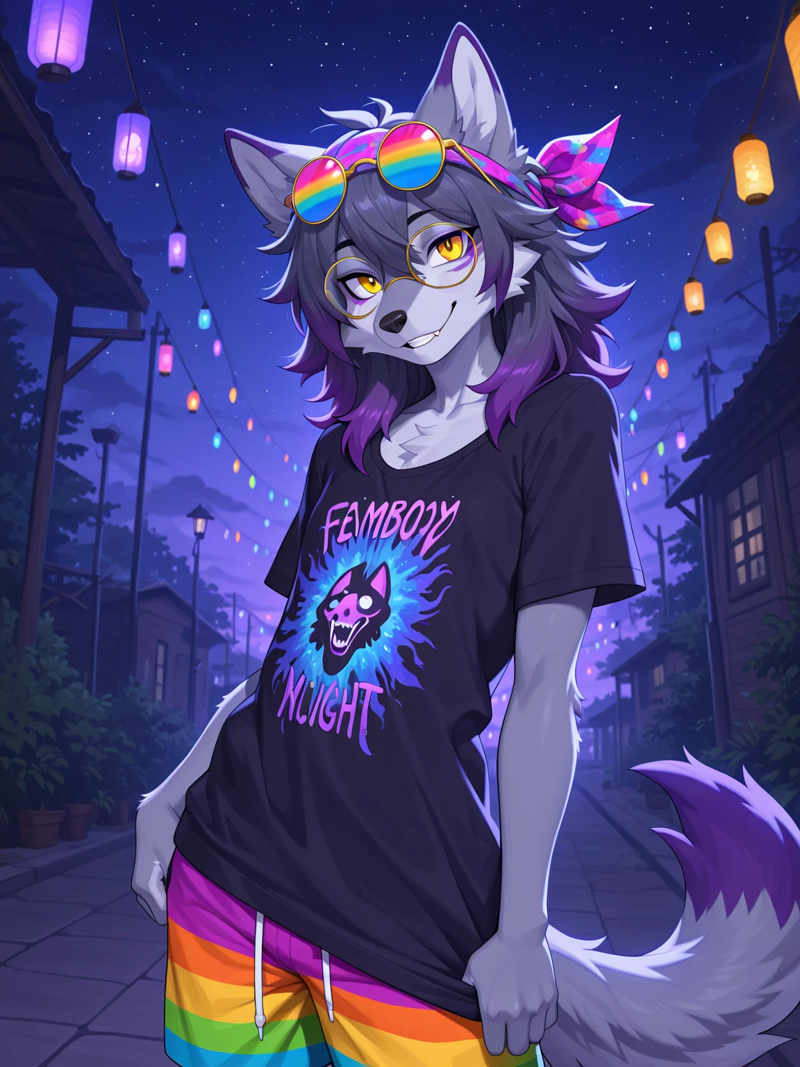 Civet cat, Little Boy, cute, (alone), (((Has brown and white fur))), Big purple eyes, Blushing, smile, Open your mouth, walking, night, Ancient Asian cities, bright street lights, Blue and black slate road, Empty Streets, Starry Sky, Shadow, Detailed facial depiction, ((Accurate hand drawing)), レンブラントの光とShadow, Ultra-fine,Completely ,,,Lie,Spread your legs and point your ,Embarrassing,Embarrassing表情,