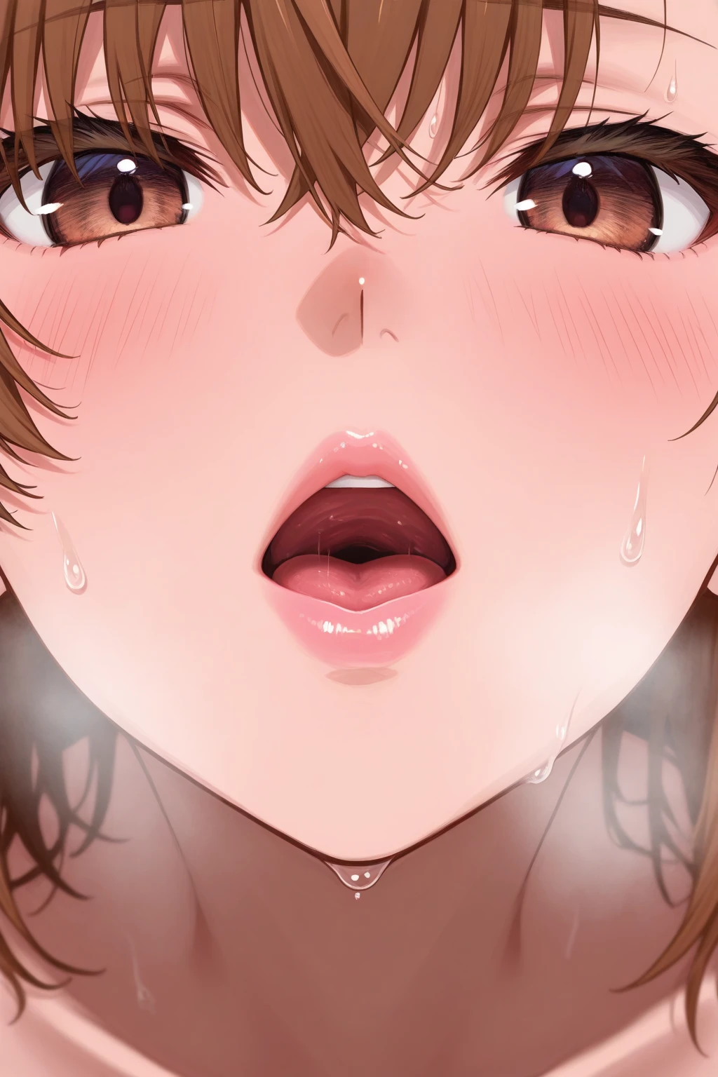 masterpiece, Best Quality, High resolution,, One girl, Open your mouth, Sticking out tongue,((a large amount of  on the face)),Completely 、Small breasts、、Realistic tongue、((Very long tongue:1.2)),(( in mouth:1.5))、((Flat chest:1.4))、((Lots of drooling:1.3)),((Grin)),Brat,Crouch down、Squat,Realistic 