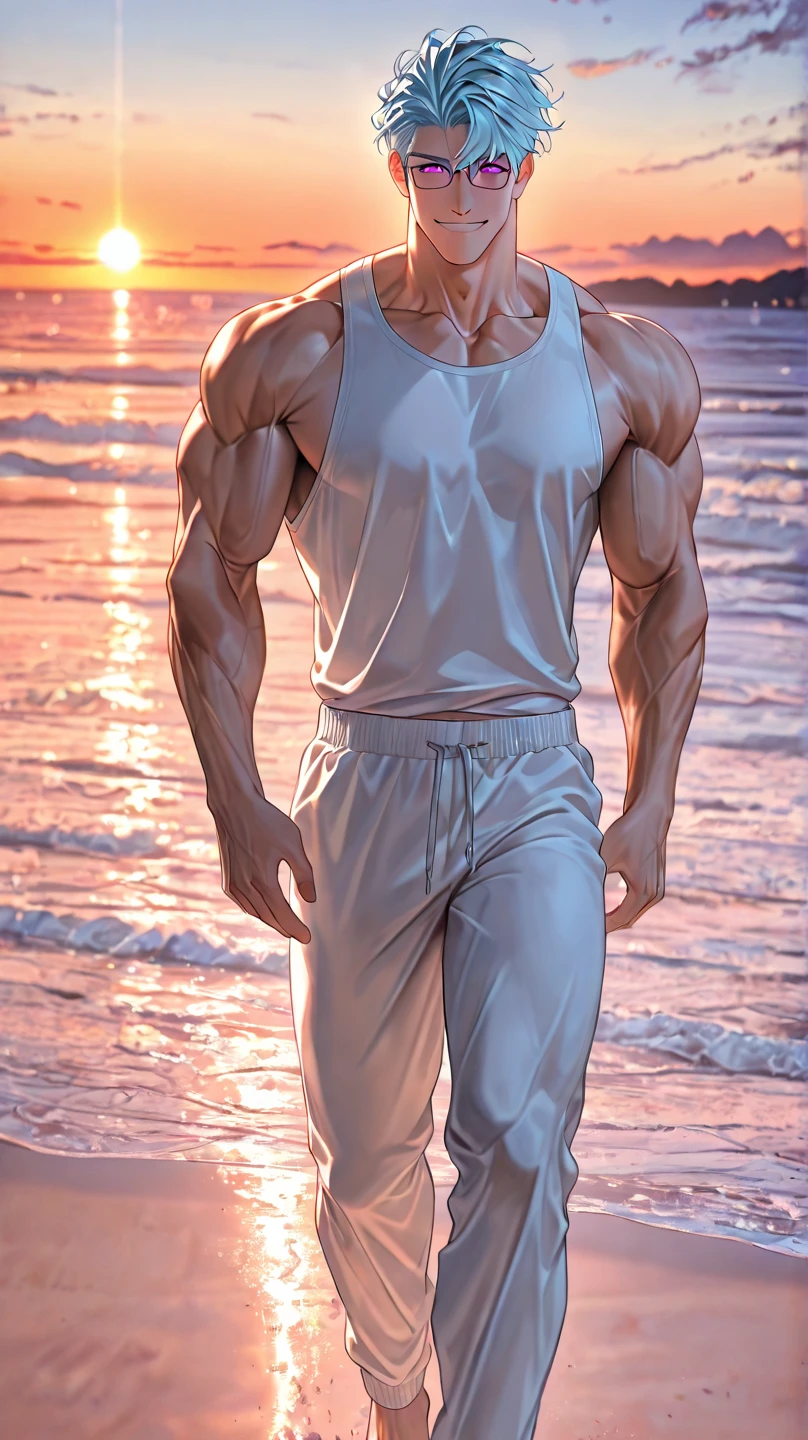 A muscular man wearing red and white fitness clothing,Cool hairstyle,Beach,