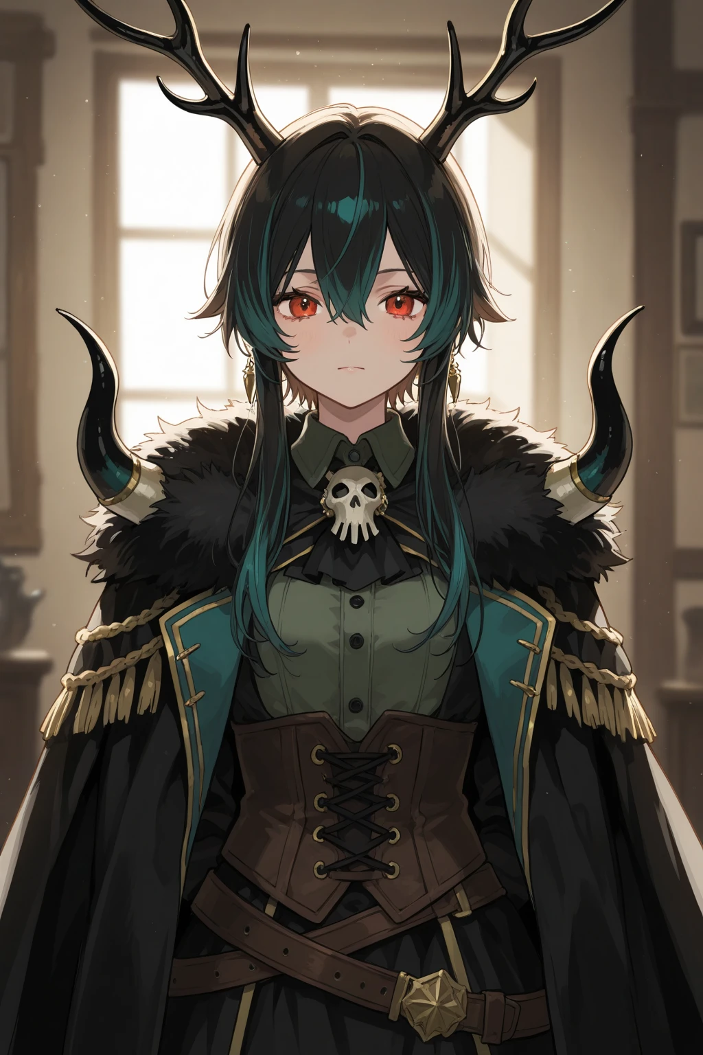(masterpiece, best quality:1.2) {{Artist: sincos)}} 1woman, mature woman, solo, stern, sfw, clothed, french braid, long hair, tall, black hair, golden eyes, looking tired, scar over left eye, black cloak, cape, black cape, looking down at viewer, smoking, dagger at hip, dagger, castle background, dark fantasy, cigarette in mouth, detailed background, cold expression, armored, wearing armor, stern expression, fully clothed, stern face, cold expression, frown, scoffing