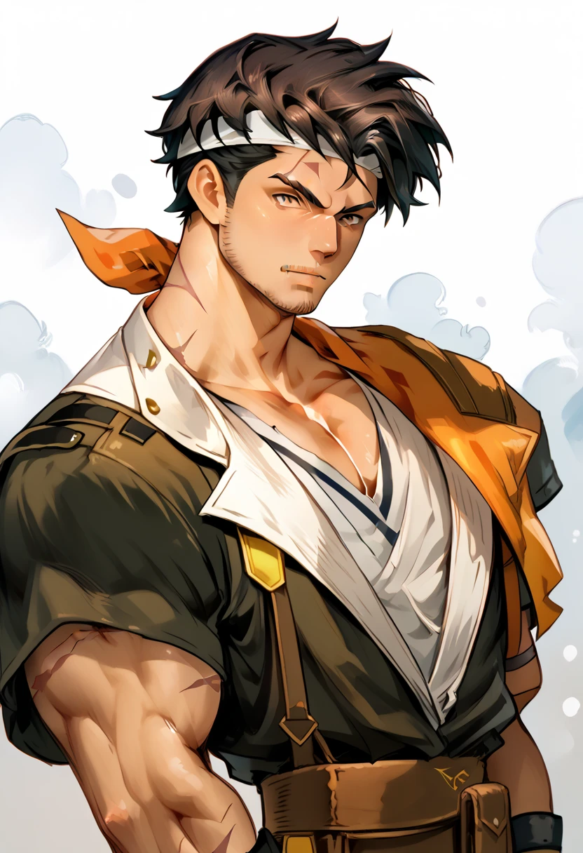 masterplece, highest quality, Tavern Master、big man、muscular、He wears a black eyepatch over his left eye., thick legs、leather boots、apron tied around the waist、(anatomically correct:1.2) , number of fingers, muscularな脚と