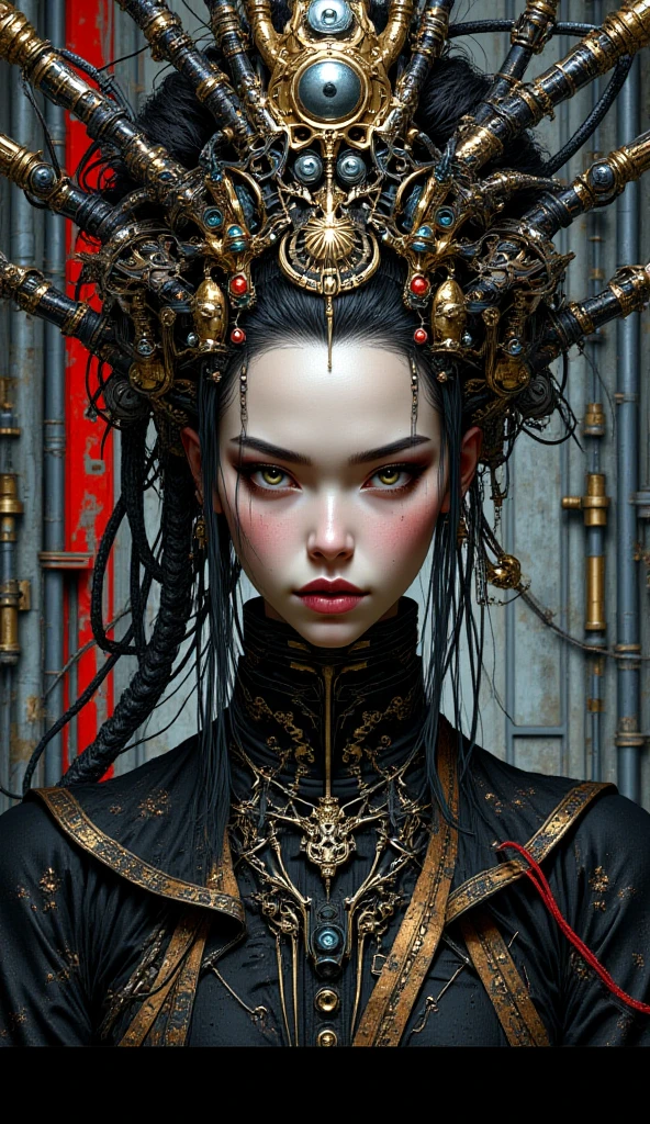 Science fiction, foto realista, cara de cerca, 1 mechanical girl, mechanical parts, cara mecanica, cara muy detallada, ojo mecanico, Some of the elements of the skin are mechanical., cyber, marioneta, geisha androide, vistiendo ropa tradicional japonesa y una sombrilla, elegant mix of japanese woman and mechanical robot, japanese geisha androide, ropa tradicional de geisha, belleza mecanica geisha, peinado de geisha, Portrait of a mechanical geisha., mechanical parts, cara mecanica, manos mecanicas, visible mechanical element (cuerpo mecanico,brazos mecanicos :1.4), rostro primer plano disparo profundidad de campo, film grain, foto cruda