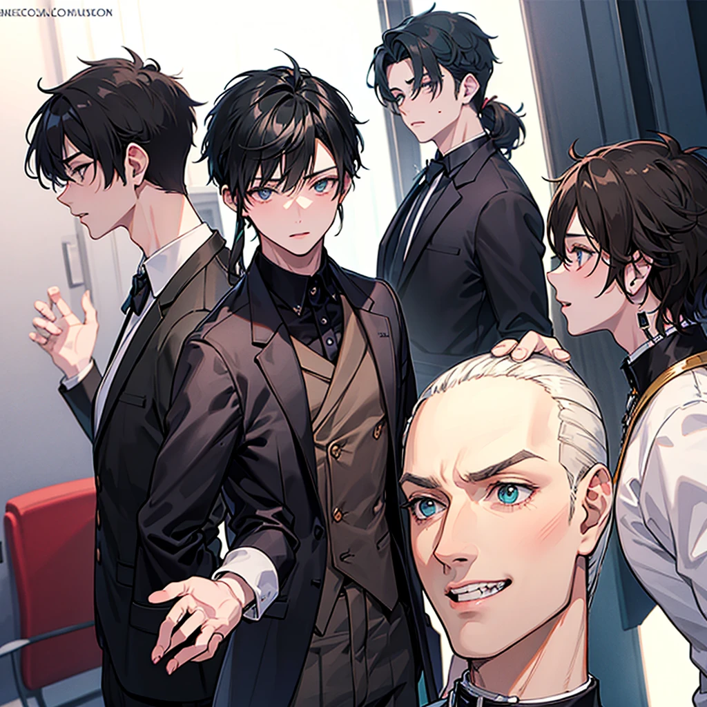 There is a boy sitting with his back turned and several young people in front of him talk to him kindly., They have white hair and yellow eyes, black tunics, black golden armor with yellow golden jewelry., they have yellow eyes