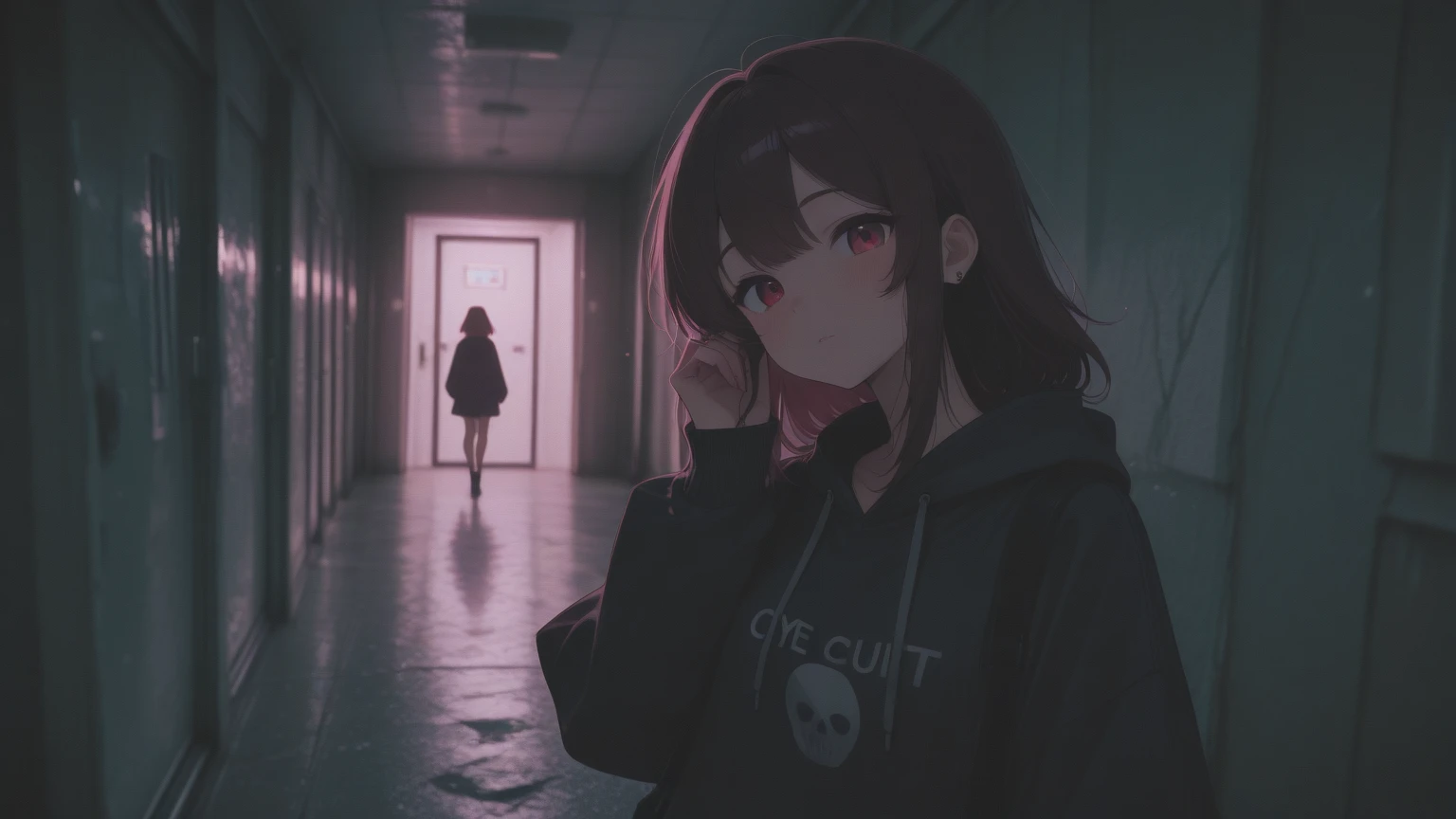 yandere woman, student aesthetics, is standing in front of the door, It's yandere.