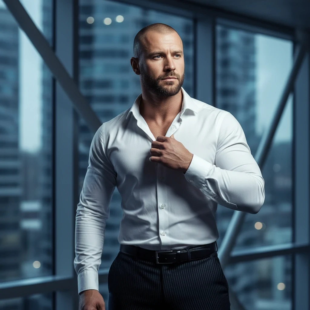 1989 hasselblad portrait a 40 years old handsome rugged ukranian, skinny, lean, thin, hairy man, side lighting, sharp focus, skin texture, extremely detailed, black formal pants, open white shirt, futuristic clothes, sci-fi clothes, bald, big beard, thick beard, long beard, virile beard, lumberjack beard, very hairy forearm,