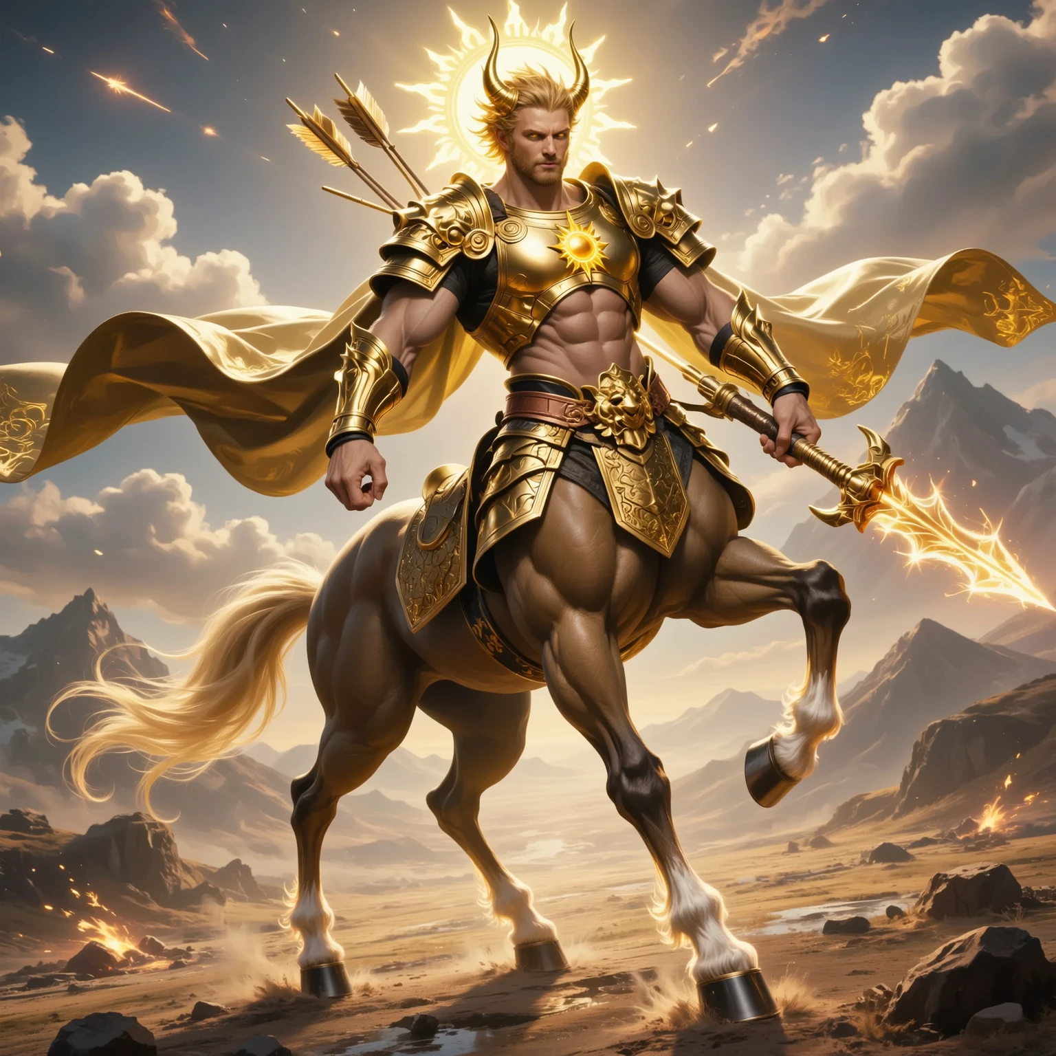 Art nouveau male Apollo god standing in gold chariot, gold leaf accents, deep blue background, rule of thirds, classic composition, flowing lines, radiant glow, intricate details, dynamic movement, ethereal atmosphere, highly detailed, trending on deviantart, prompt by JDS