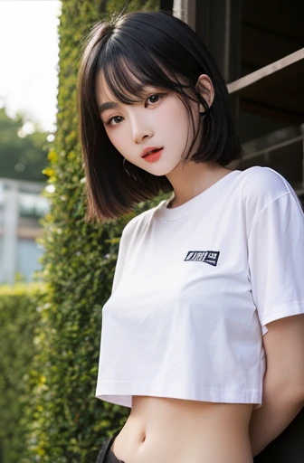 1 girl, beautiful, black bob hair, almond eye, no makeup, olive skin blank white tshirt, ((oversized_untucked tshirt)), peach tennis skirt,pose in front of ((80's mondrian architecture colorful motel)),(from below:1.2), (realistic:1.1), (surreal:1.2), (very detailed:1.1), ((masterpiece)),summer, blue sky, palm trees,sunny, los angles vibes