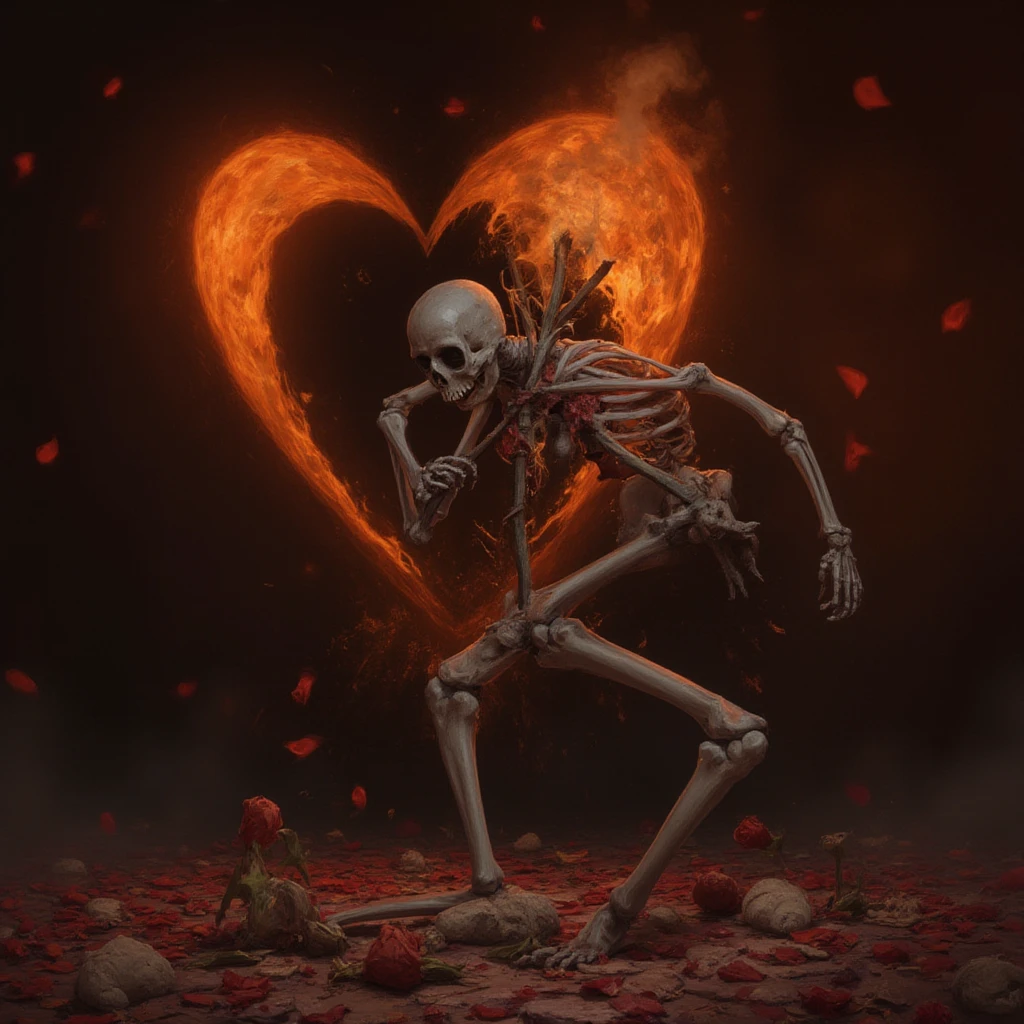 skeleton, broken, red, blood, soul, smoke, haunted, broken, ancient, mysterious, terrifying, evil, flying liquid, mysterious, ancient, Bauhaus art, dramatic lights,