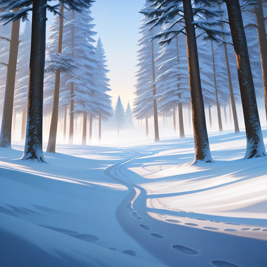 Sunlight shines through the clouds on the snow，A few withered  are trees，wasteland