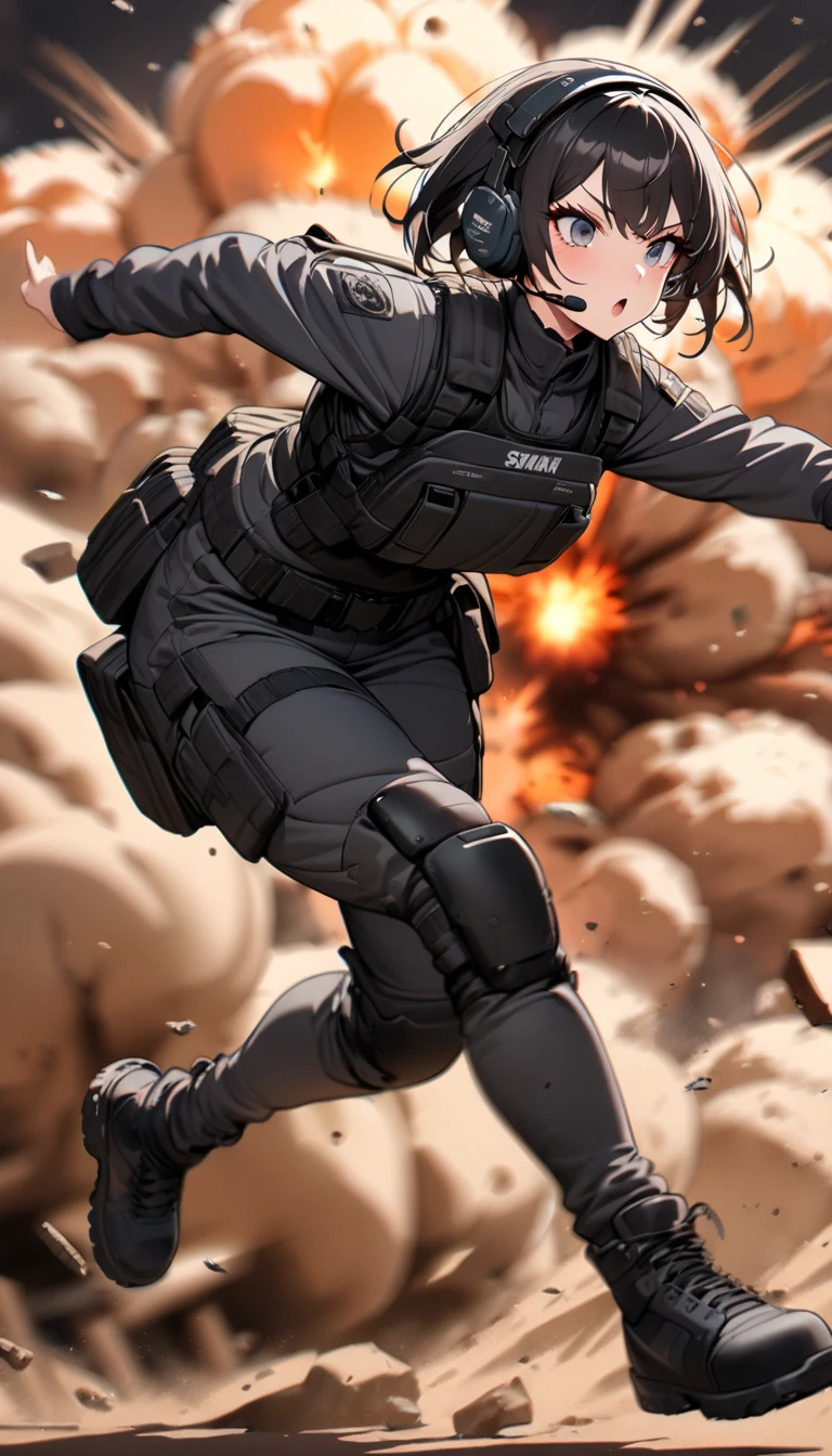 (masterpiece),(Highest quality),(High resolution),(Very detailed),One Woman,Japanese,Black Hair,Short Bob,Beautiful Eyes,Long eyelashes,Beautiful Hair,Beautiful Skin,strict,whole body,break(((Huge explosion behind woman:1.3))),narrowly escape the explosion,(Dynamic Movement),((Small machine gun)),SWAT Uniforms,Black bulletproof vest, Combat Boots,Black Tactical Forster,Tactical Headset,Tactical Helmet,(The background is the rubble of ruins),(((Background Blur)))