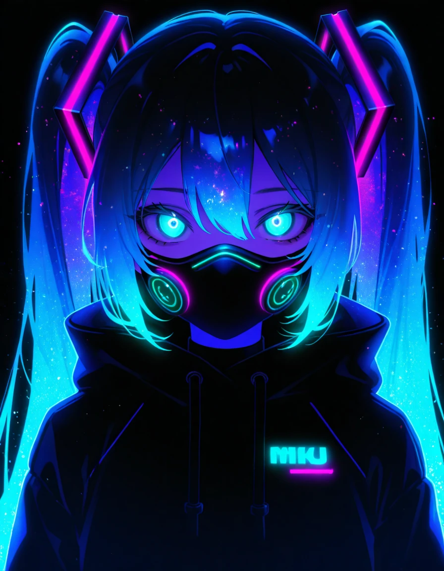 (Front view, Face-to-face audience:1.2), in the center, 3D, 3D model, unreal engine, | digital  portrait, | 1 girl, alone, aqua hair color, short hairstyle, light blue eyes, | (neon wireless headphones headset:1.2), (black neon futuristic mouse mask:1.2), dark blue hoodie, | futuristic city lights, sunset, building,  scenery, neon lightke, Depth of the bounds written,