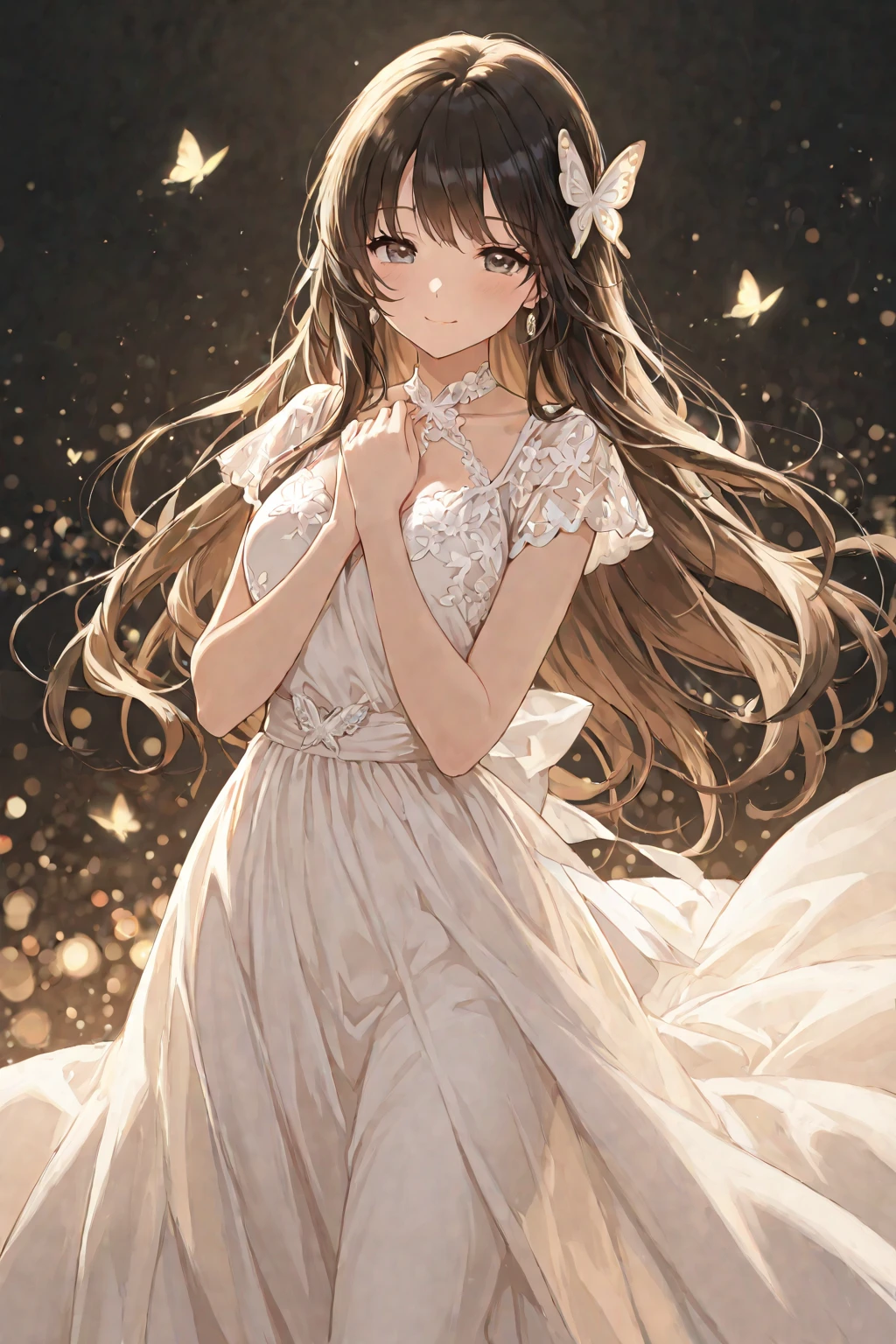 (Beautiful and aesthetic:1.2)、(1 Girl:1.3)、(Brown color hair:1.2)、Wearing a wedding dress、White gypsophila、miracle、happinessそうなsmile、smile、happiness、Gypsophila in full bloom、Fantastic space、